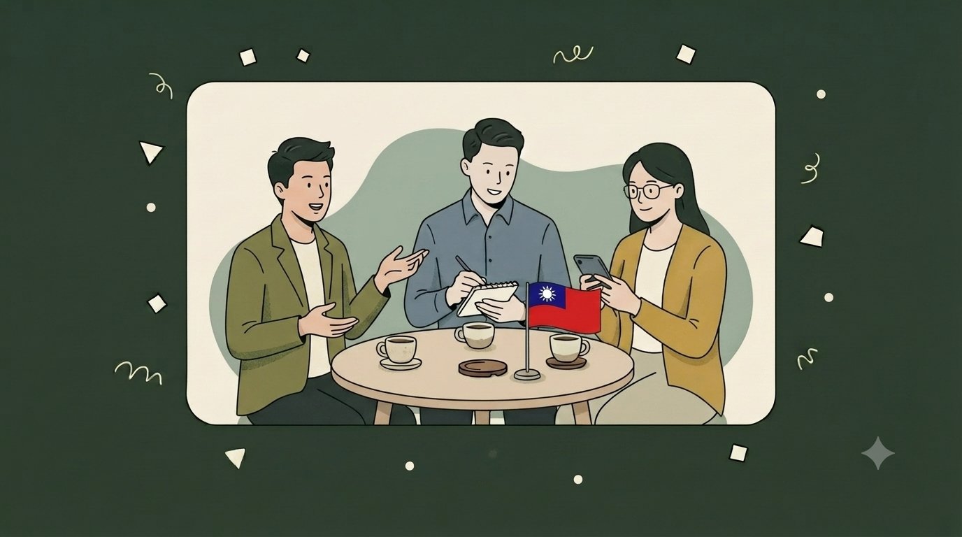 Illustration of two Taiwanese colleagues reviewing research findings on a laptop