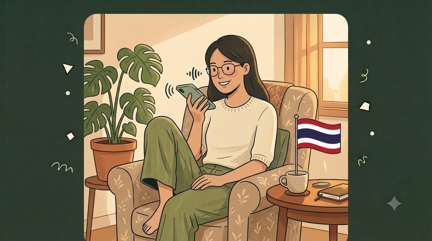 Illustration of a Thai participant recording a voice answer on her phone at home